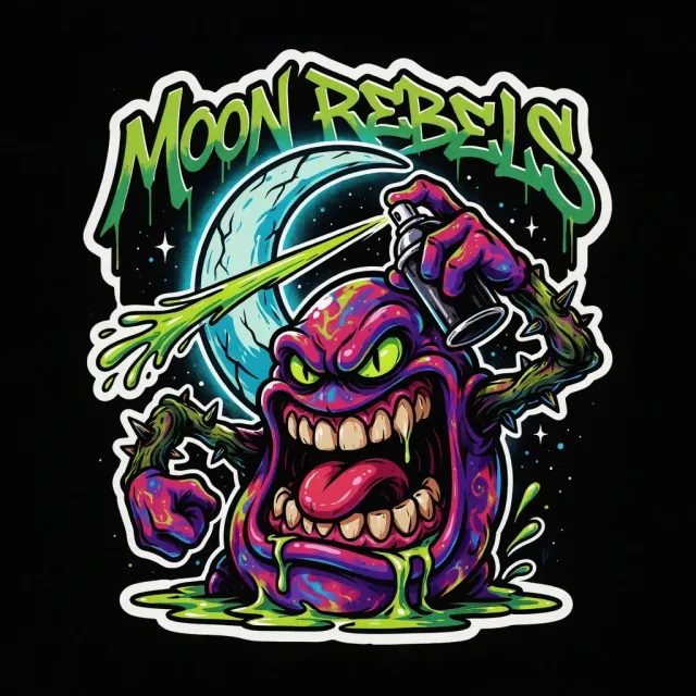 Яркий стикер Moon Rebels с фиолетовым монстром в космическом шлеме